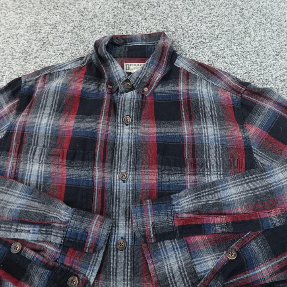 Duluth Trading Shirt Mens L Blue Red Plaid Flannel Button Up Outdoor Workwear